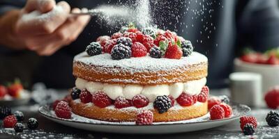 Delicious cake being decorated with powdered sugar and fresh berries in a cozy kitchen setting photo