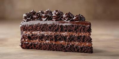 Indulgent chocolate cake with rich frosting displayed on a rustic surface photo