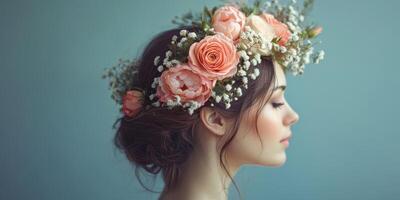 Attractive woman wearing floral crown poses gracefully against soft blue background photo