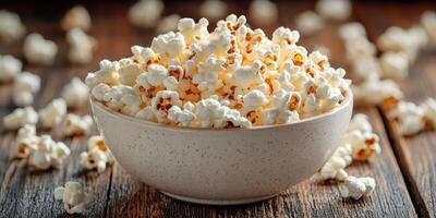 Deliciously fluffy popcorn served in a bowl on a wooden table, perfect for movie night or snacking at home photo