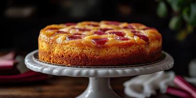 Delicious homemade strawberry upside-down cake displayed on a white cake stand during an afternoon gathering photo