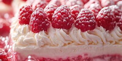 Delicious raspberry cake topped with whipped cream and fresh raspberries served at a summer gathering photo