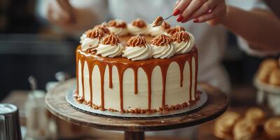 Baker decorating a caramel cake with whipped cream and nuts in a cozy kitchen setting photo