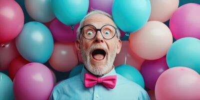 Elderly man expressing joy among colorful balloons at a festive celebration photo