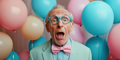 Senior man with colorful balloons expresses surprise at a celebration in a festive setting photo