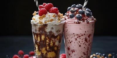 Delicious and colorful milkshakes topped with fruits and whipped cream in a cozy setting photo