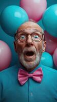Senior man expresses surprise surrounded by colorful balloons at a festive celebration photo