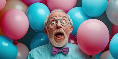 Celebrating joyfully with colorful balloons and a cheerful older man at a festive gathering photo