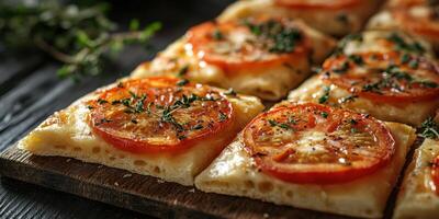 Delicious focaccia bread topped with fresh tomatoes and herbs on a wooden board in a rustic kitchen photo