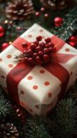 Christmas gift wrapped in red and white polka dots with festive decorations on pine branches photo