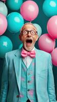 Elderly man wearing vibrant attire celebrating with balloons in a joyful indoor setting photo