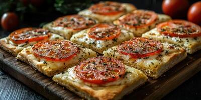 Delicious flatbread topped with tomatoes and herbs served on a wooden board in an inviting kitchen setting photo