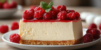 Delicious cheesecake topped with fresh raspberries on a wooden table in a cozy setting photo