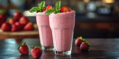 Refreshing strawberry smoothies topped with mint served in tall glasses on a wooden table photo