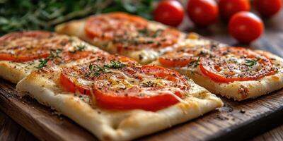 Delicious flatbread topped with fresh tomatoes and herbs served on rustic wooden board photo