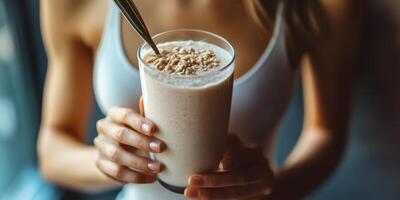 Enjoying a healthy smoothie in a cozy cafe during the afternoon with a focus on the creamy texture and toppings photo