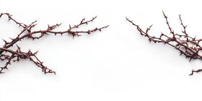 Twisted, thorny branches arranged artistically on a plain white background highlighting natural textures photo