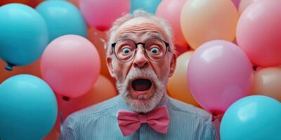 Elderly man expresses surprise surrounded by colorful balloons in a festive indoor setting photo