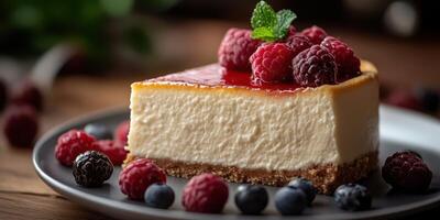 Creamy cheesecake topped with fresh raspberries and blueberries served on a rustic wooden table photo