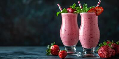 Refreshing strawberry smoothie drinks with mint garnish on a dark background photo