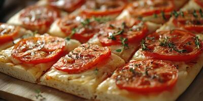 Delicious flatbread topped with fresh tomatoes and herbs ready for serving at a local market photo