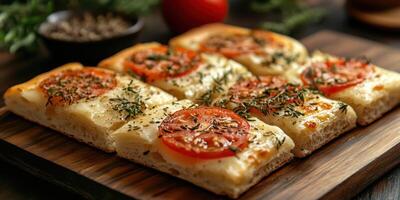 Delicious homemade flatbread topped with fresh tomatoes and herbs displayed on a wooden board photo