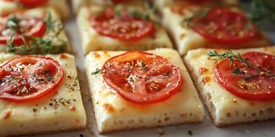 Sliced tray of baked flatbread topped with fresh tomatoes and herbs in a cozy kitchen setting photo
