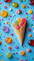 Colorful candy cone surrounded by various gummies and sweets on a blue background at a festive table setting photo