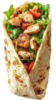 Grilled chicken wrap filled with fresh vegetables and flavorful seasonings ready to be enjoyed for a satisfying meal photo