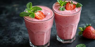 Refreshing strawberry smoothie served in tall glasses garnished with mint leaves on a dark background photo