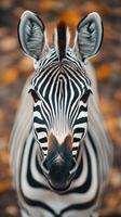 Striking close-up view of a zebra showcasing its pristine black and white stripes in a natural setting photo