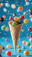 Colorful candies bursting from an ice cream cone against a blue background photo