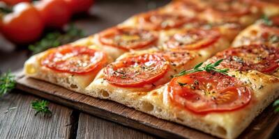 Freshly baked focaccia topped with sliced tomatoes and spices on a rustic wooden table photo