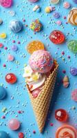 Colorful ice cream cone topped with sprinkles and surrounded by assorted candies on a bright blue background photo