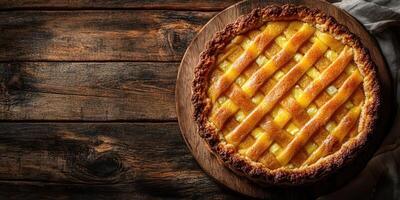 Freshly baked apple pie sitting on a wooden table with a rustic background and warm lighting photo