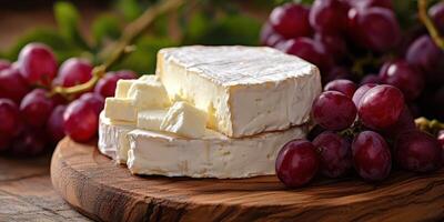 Creamy cheese garnished with fresh grapes on a wooden board in a rustic setting photo
