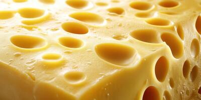 Delicious cheese with distinctive holes on a smooth surface in a close-up view showcasing its texture and freshness photo