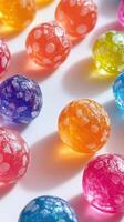 Colorful translucent spheres casting soft shadows on a white surface in bright natural light photo