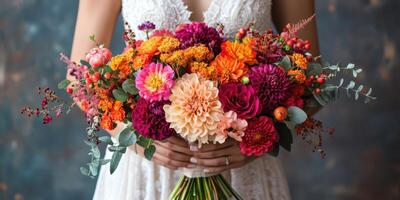 Vibrant bridal bouquet featuring colorful flowers held by a bride against a textured backdrop photo