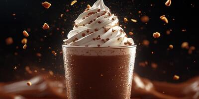 Delicious frozen dessert topped with whipped cream and chocolate sprinkles in a clear glass photo
