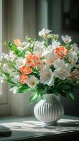 Bright and colorful flower arrangement in a white vase beside a window with soft natural light photo