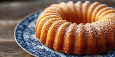 Deliciously baked bundt cake presented on elegant porcelain plate during afternoon gathering photo