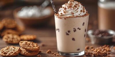 Creamy coffee drink topped with whipped cream and cookies on a rustic wooden table photo