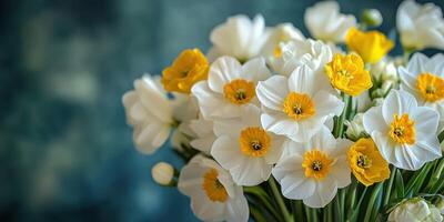 Bright and colorful flower bouquet featuring white and yellow blooms arranged in a simple vase indoors photo