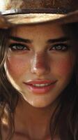 Close-up portrait of a young woman with freckles wearing a wide-brimmed hat in soft sunlight during golden hour photo