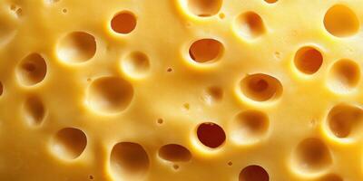 Close-up view of cheese highlighting its characteristic holes and texture in a kitchen setting photo