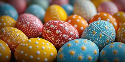 Colorful decorated Easter eggs displayed in a vibrant arrangement at a spring celebration photo