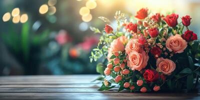 Vibrant bouquet of red and pink roses on a rustic wooden table surrounded by soft bokeh lights in the background during golden hour photo