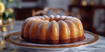 Beautifully crafted bundt cake with powdered sugar on an elegant plate in a luxurious dining setting photo