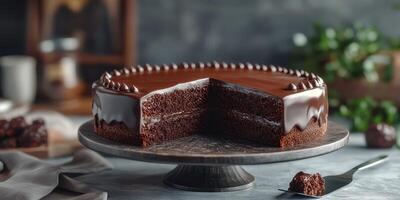 Delicious chocolate cake on display with a slice removed, showcasing rich layers and glossy icing photo